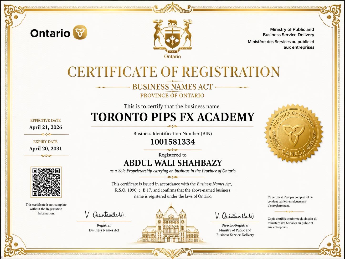 Toronto Pips FX Academy Certificate of Registration